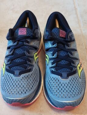 Saucony Women's Triumph ISO 5 Running Shoes - Light Blue with Navy & Neon Yellow